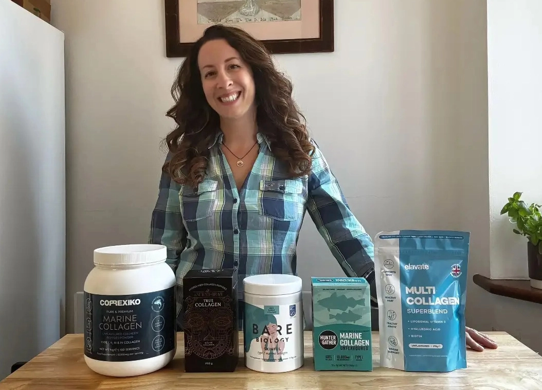 The five collagen powders tested, lined up on a kitchen worktop in ranked order